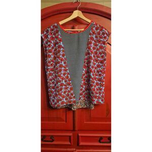 Dalia Size M Floral Cap Sleeve Blouse Shirt Top Red White Blue Floral Stripe EUC